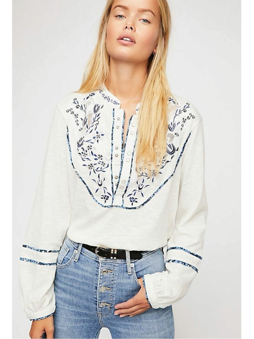 Free People Western Bohemian Sundance Kid Embroidered Pearl Snap Henley Top M L